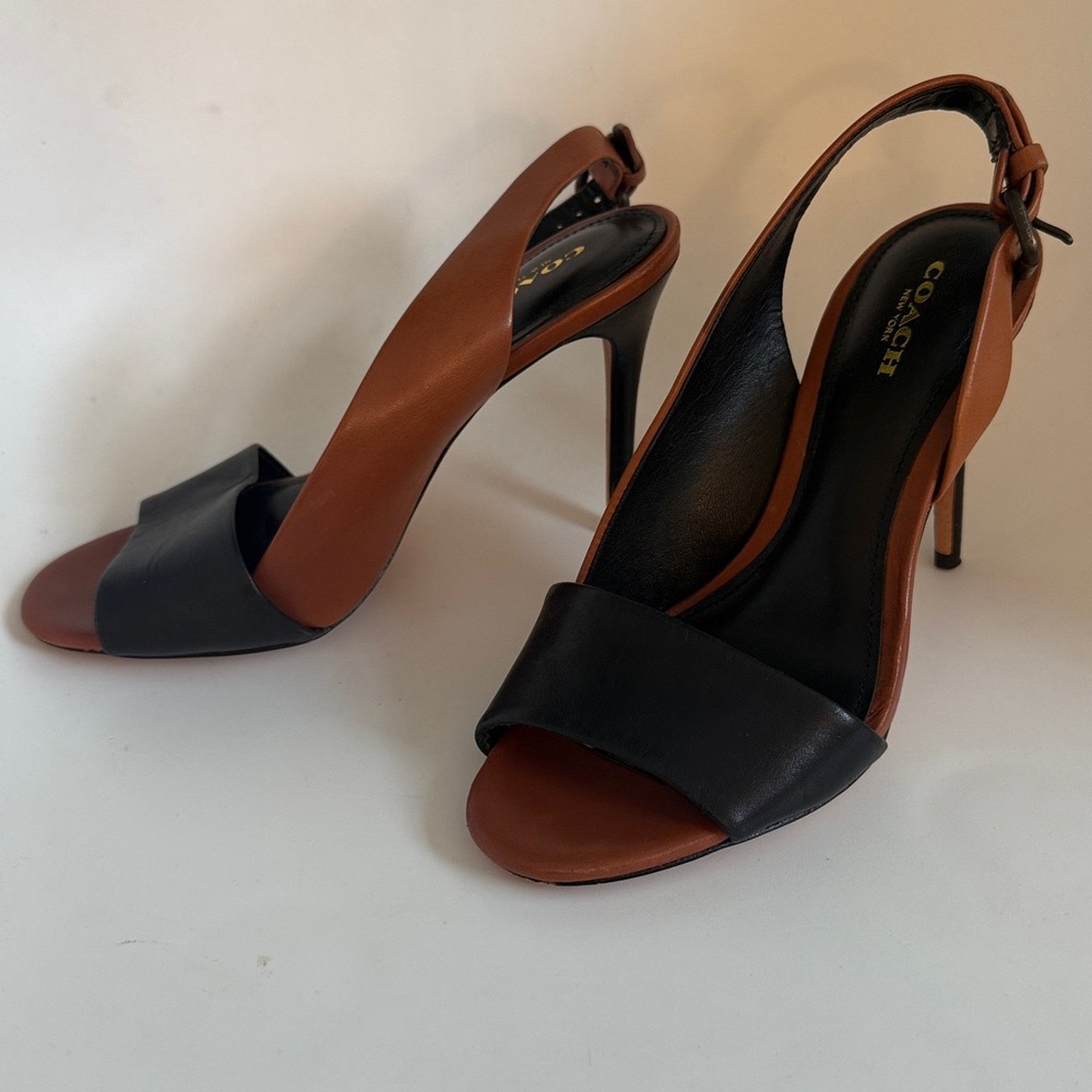 Coach Black and Brown Leather Slingback Stiletto Heels